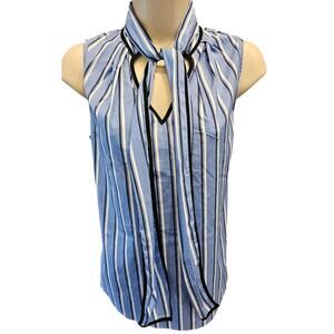 WHBM Tank Blouse Blue/White Top Tie neck 4 preppy business proffesional Career